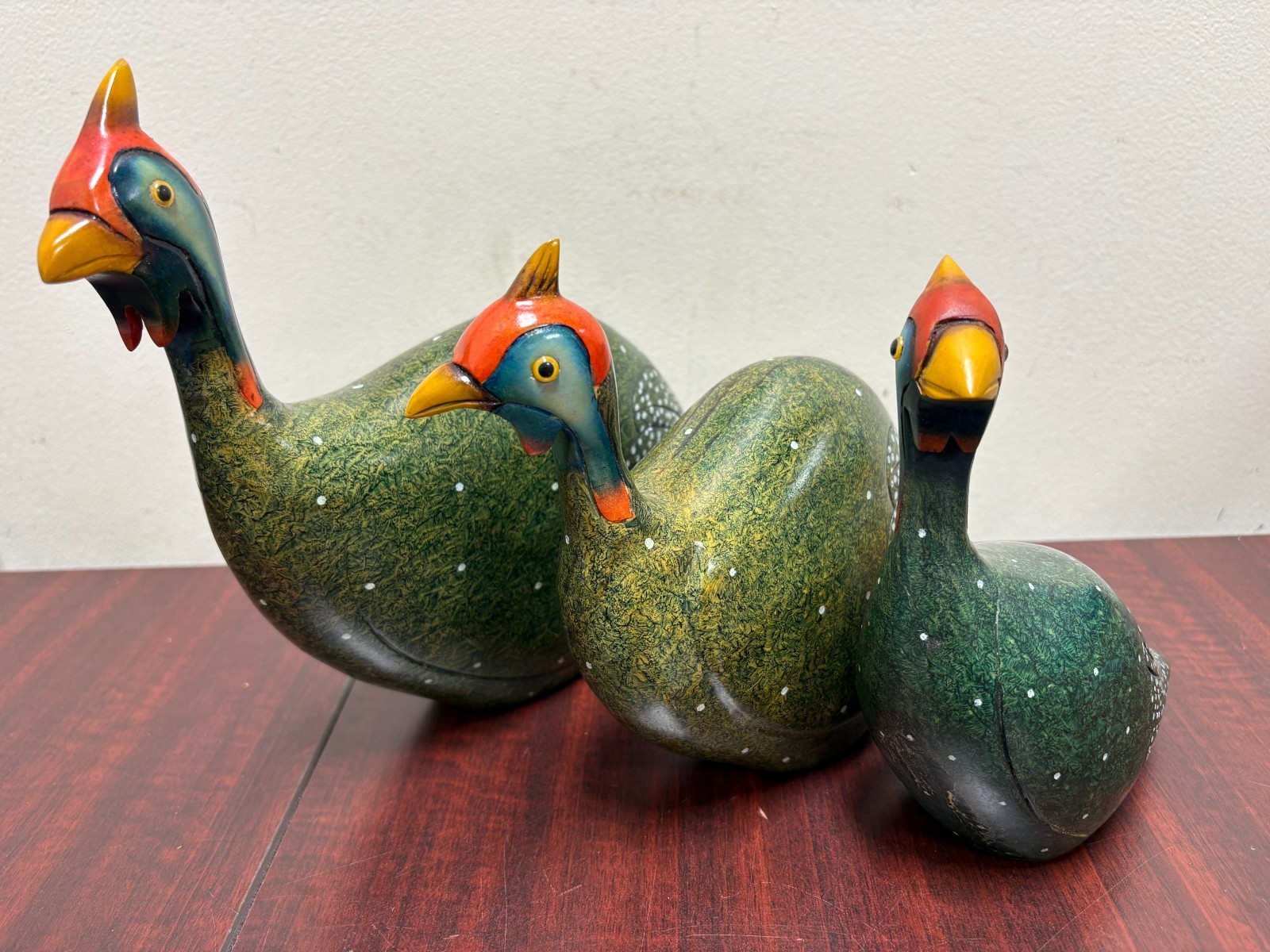 Set of 3 Knysna Birds of Africa Hand Carved Wood Helmeted Guinea Fowl