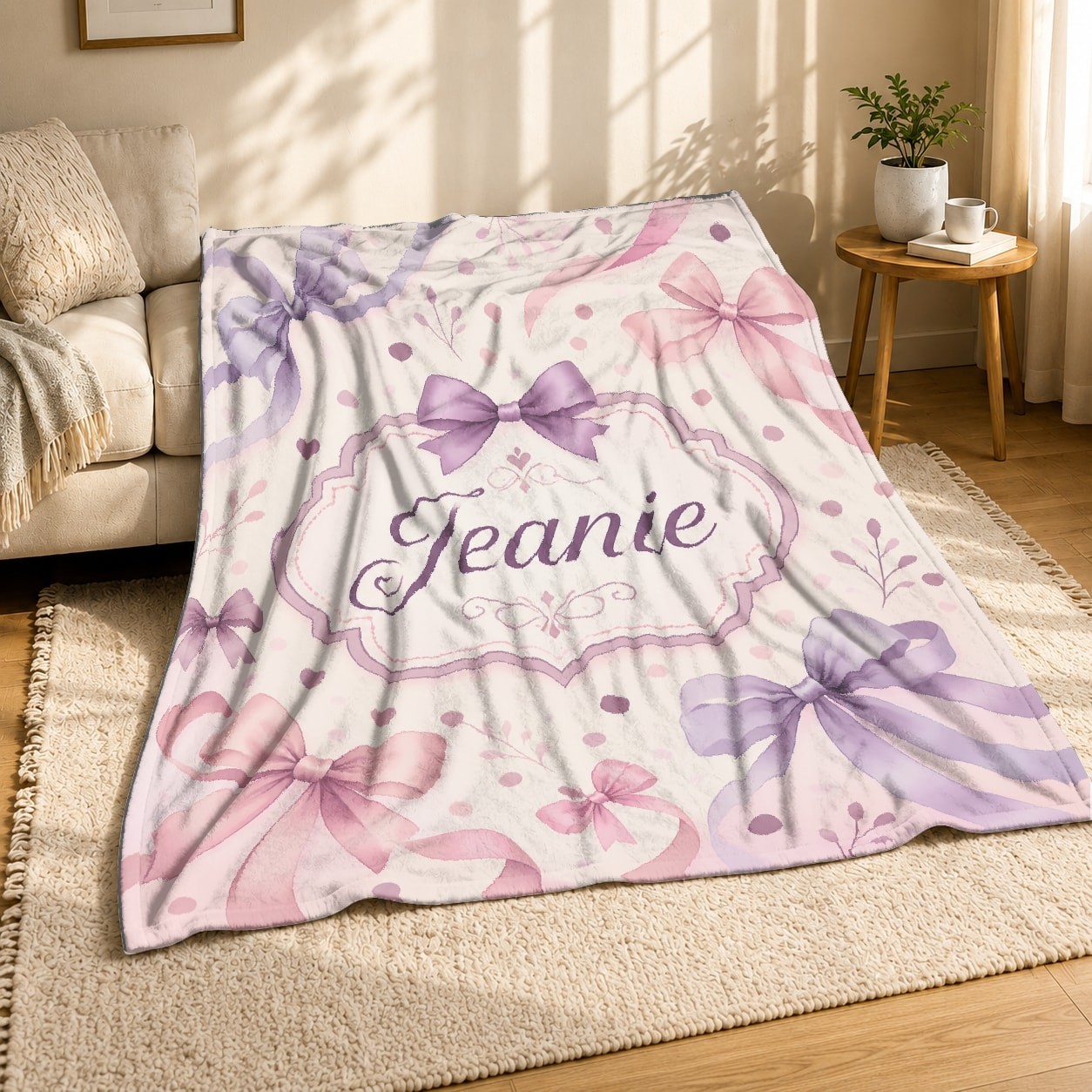Jeanie With Bows Coral Fleece Blanket Personalized Cute Name Decor