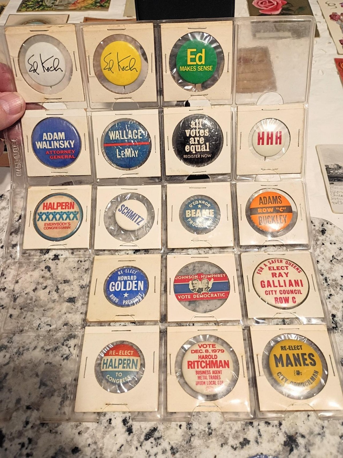18 Vintage Political Campaign Pinback Buttons Collector Album NY Koch Wallace