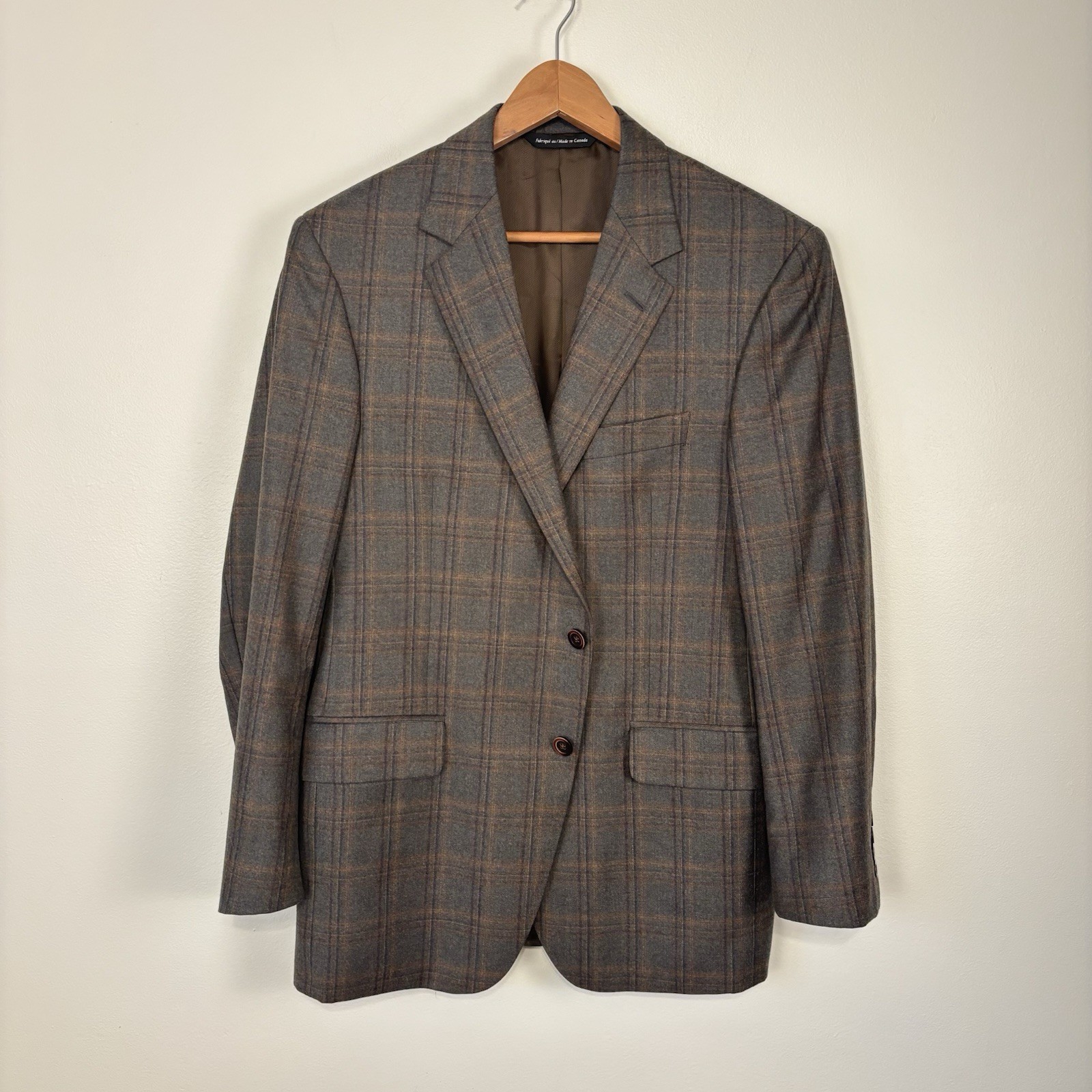 Coppley Reda Super 130s Wool Plaid Blazer Sport Coat 44R Made in Canada Brown Coppley Reda Super 130s Wool Plaid Blazer Sport Coat 44R Made in Canada Brown
