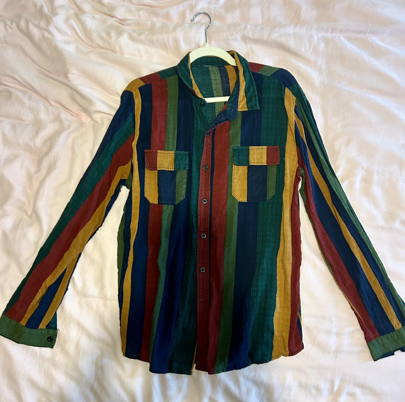 Vintage Unlabeled Striped Women’s Button Down Top Yellow Red Green Blue