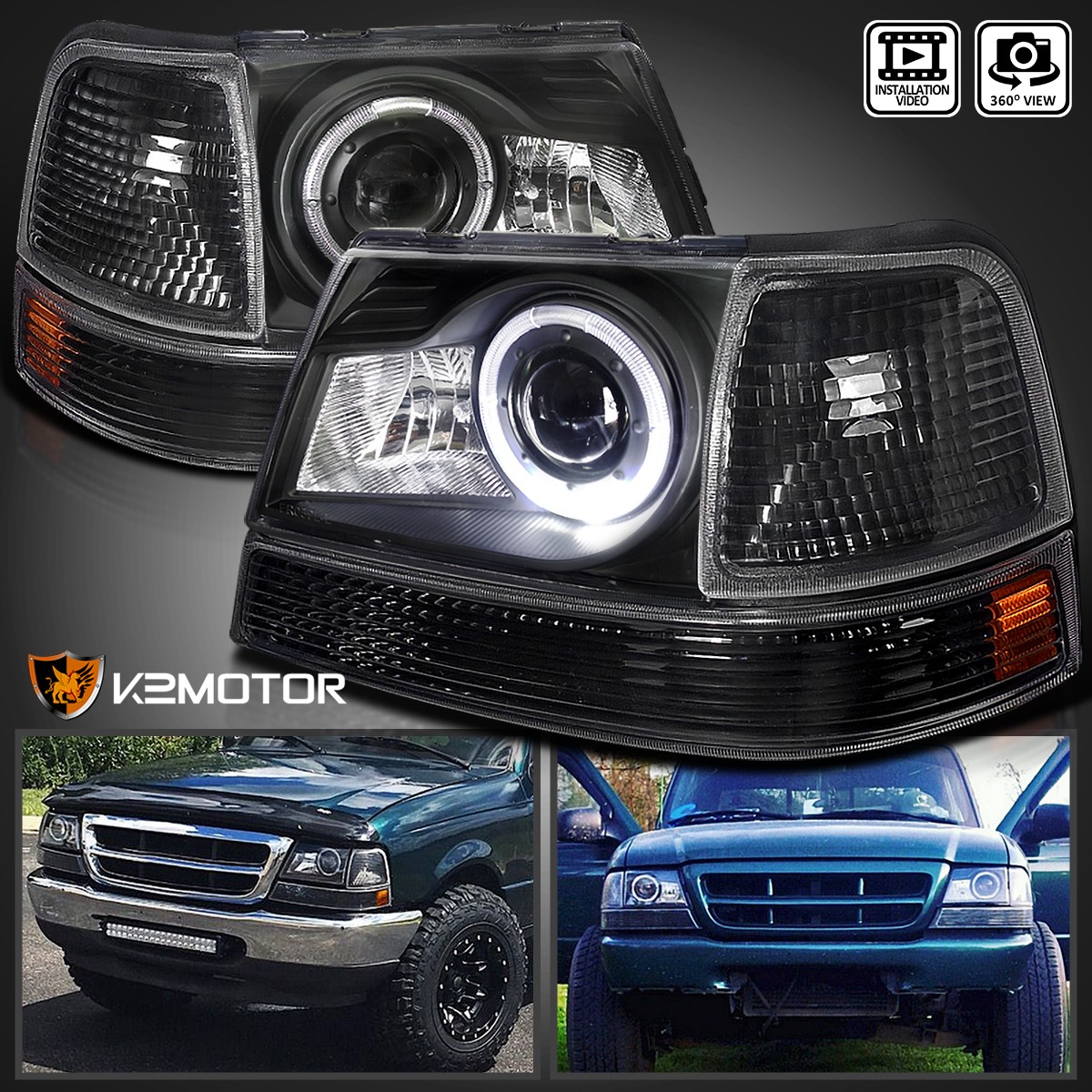 Fits 1998-2000 Ford Ranger Black Halo Projector Headlights+Corner Signal Lamps Fits 1998-2000 Ford Ranger Black Halo Projector Headlights+Corner Signal Lamps