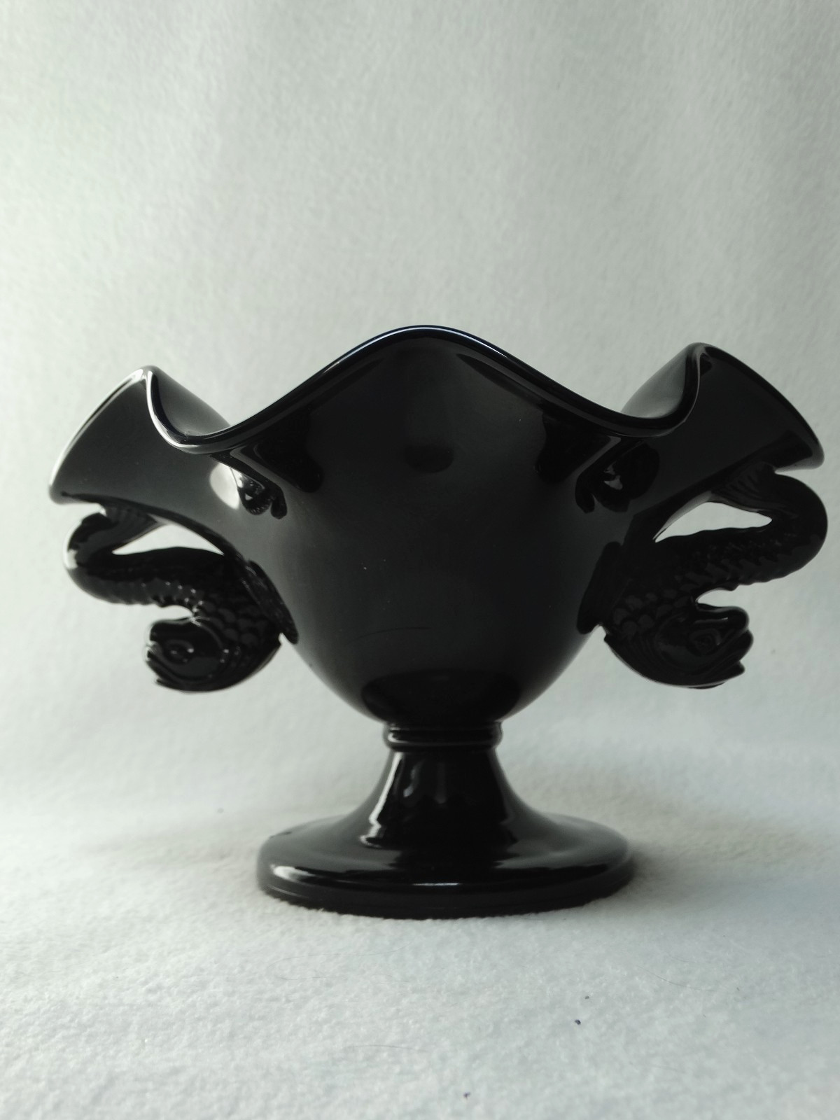 1930\'s Fenton Art Glass Black Amethyst Compote Pedestal Bowl w/ RARE Crimped Rim
