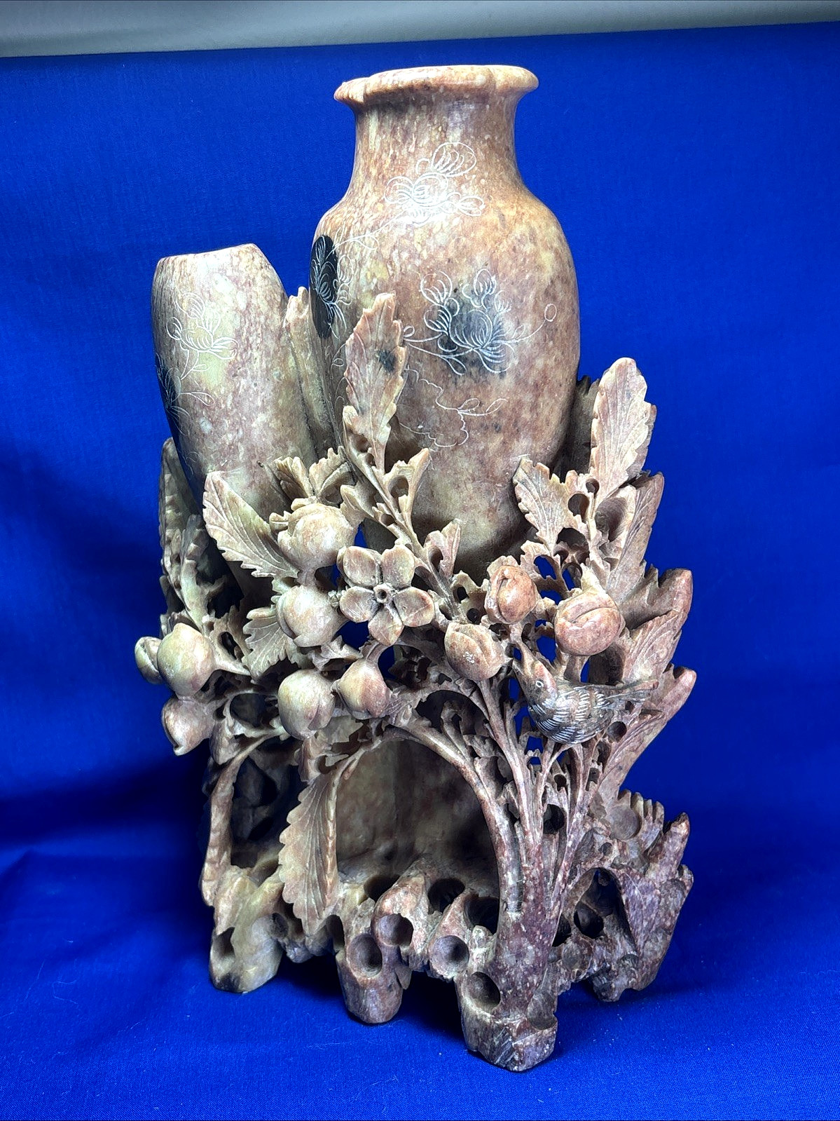 Vintage Chinese Carved Soapstone Double Vase Birds Flowers Openwork 9.25