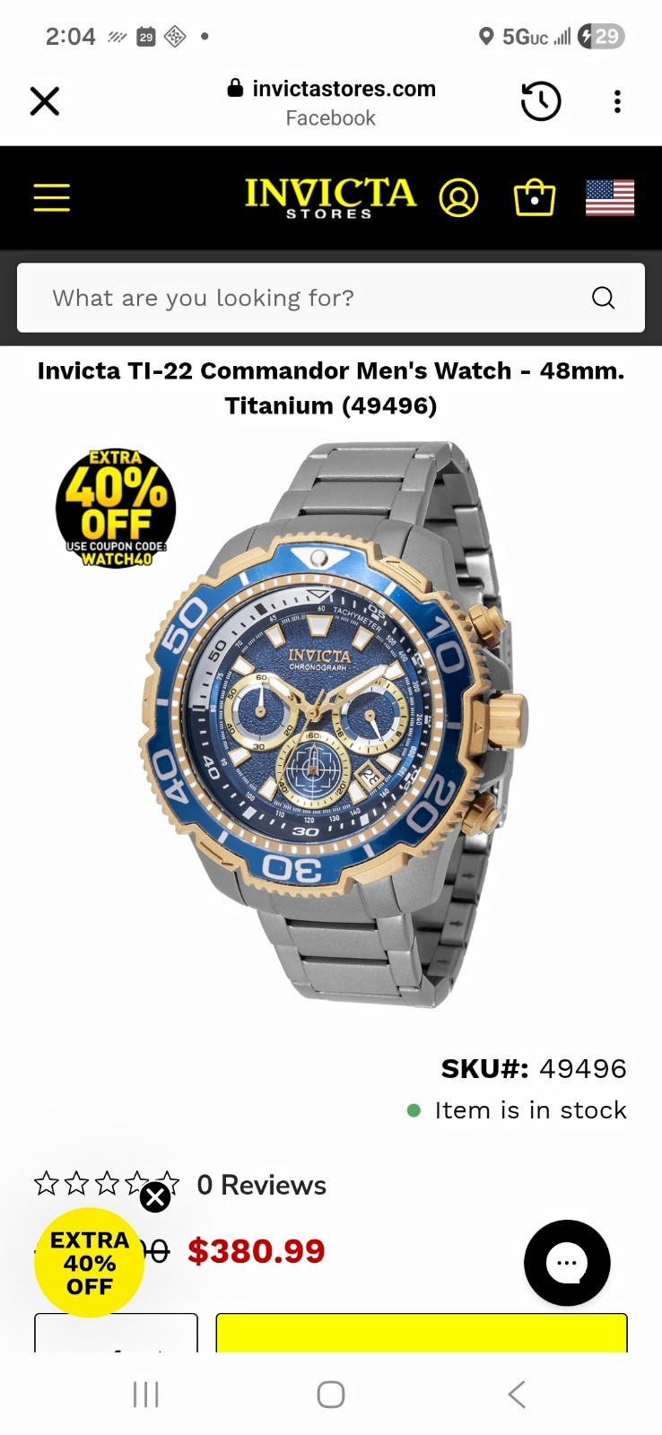 Invicta TI-22 Commander Men’s Chronograph Quartz Tachymeter 48mm Blue/Gold Invicta TI-22 Commander Men’s Chronograph Quartz Tachymeter 48mm Blue/Gold
