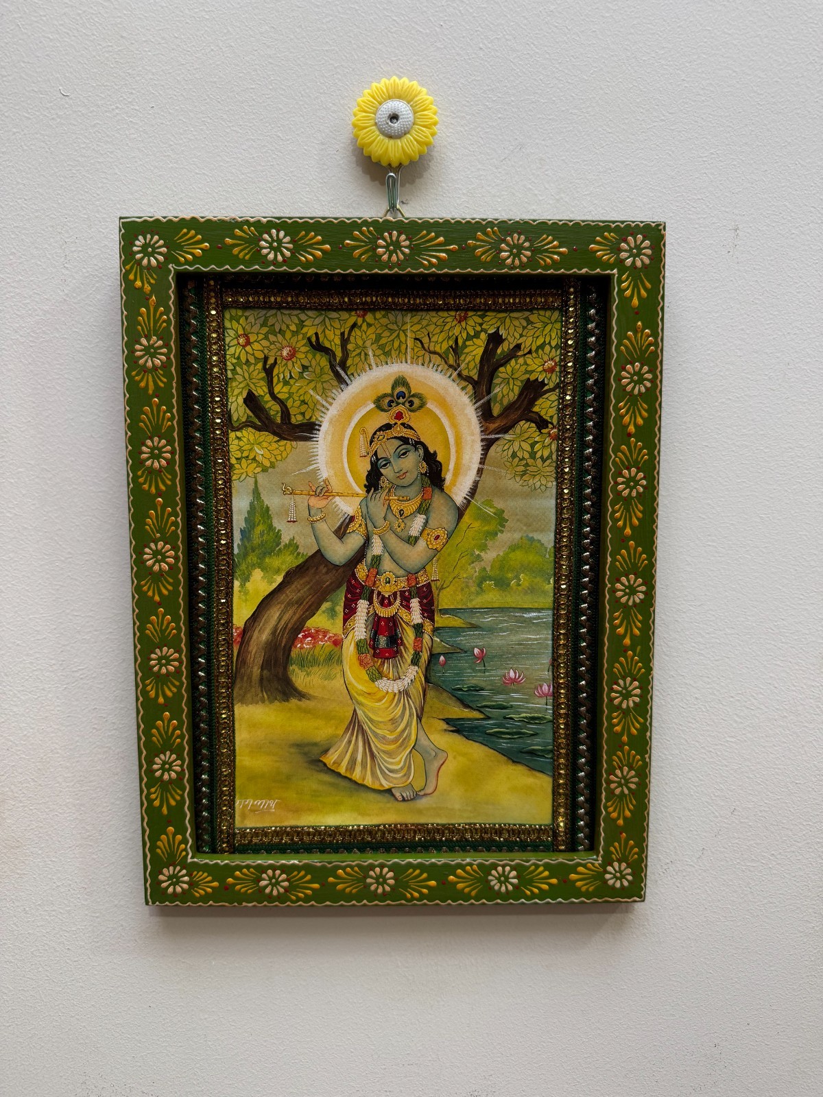 Krishna Vintage Picture Frame Hindu God Photo Wooden Wall Art Decor - 9 x 12 