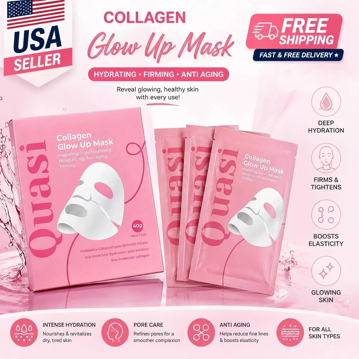 Quasi Salmon PDRN Collagen Face Mask 4Pack Korean Hydrating Gel Mask Cream serum