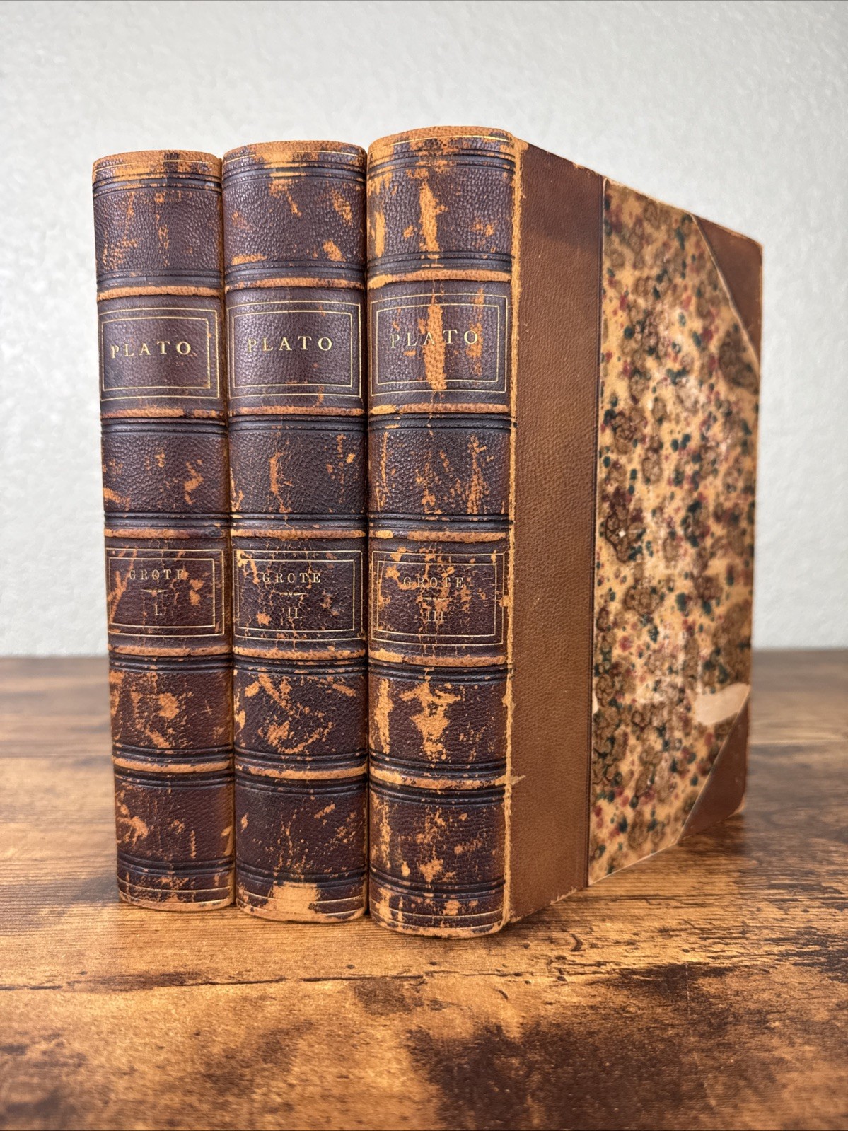 1865 PLATO & OTHER COMPANIONS OF SOKRATES GROTE 1ST EDITION 3 VOL LEATHER SET