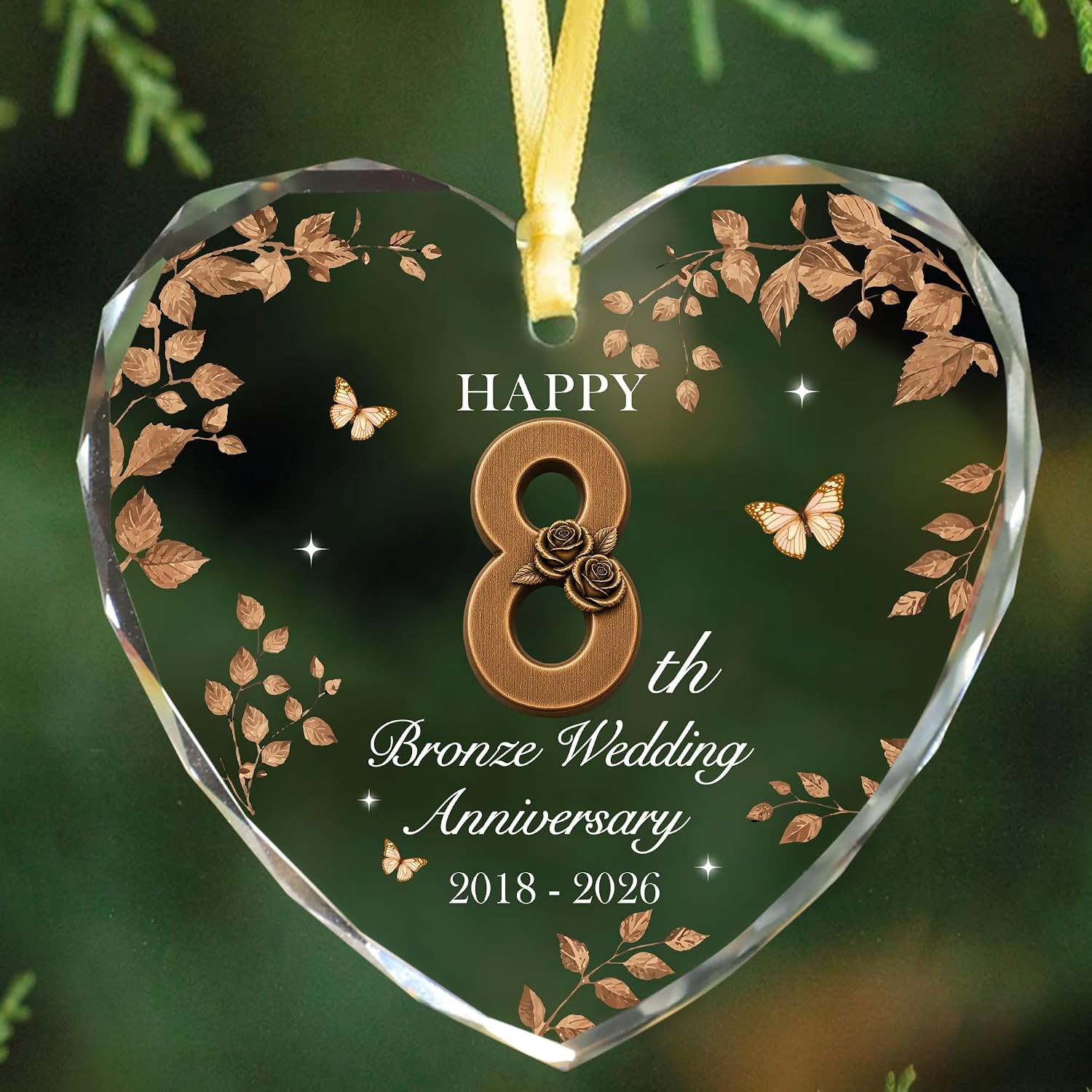 8Th Bronze Wedding Anniversary Heart Glass Ornament - 8Th Anniversary Ornament f