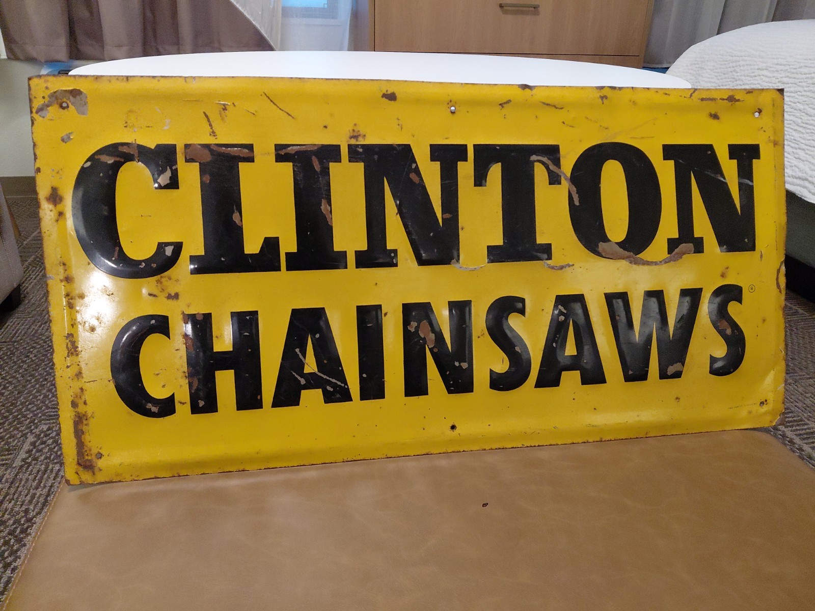 c.1950s Original Vintage Clinton Chainsaws Sign Metal Embossed Farm Halloween 