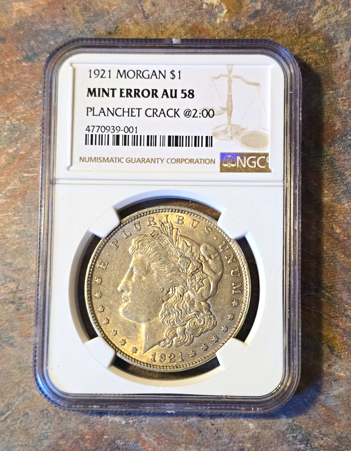 1921-P Morgan $1 NGC AU58 Error Planchet Crack @2:00 DEEP PLANCHET CRACK
