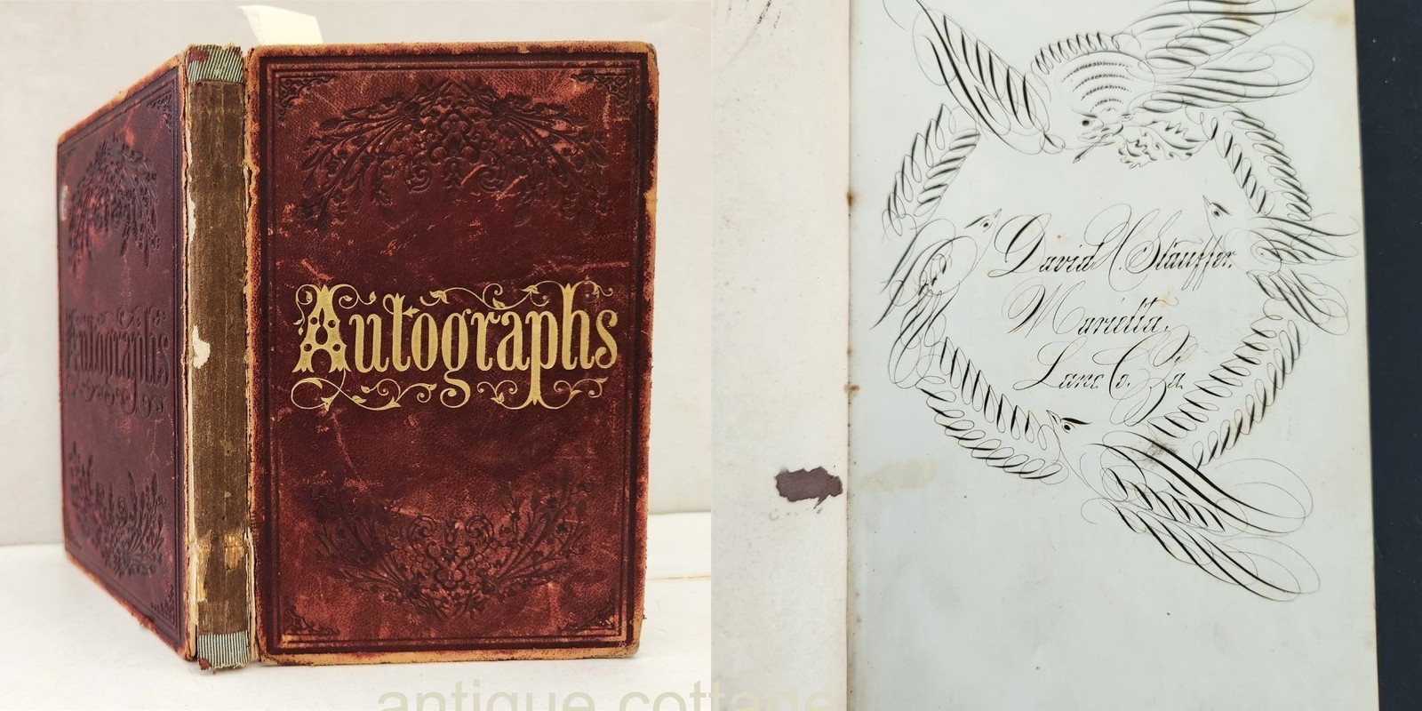 1862 antique AUTOGRAPH ALBUM marietta pa DAVID STAUFFER penmanship FRAKTUR BIRD
