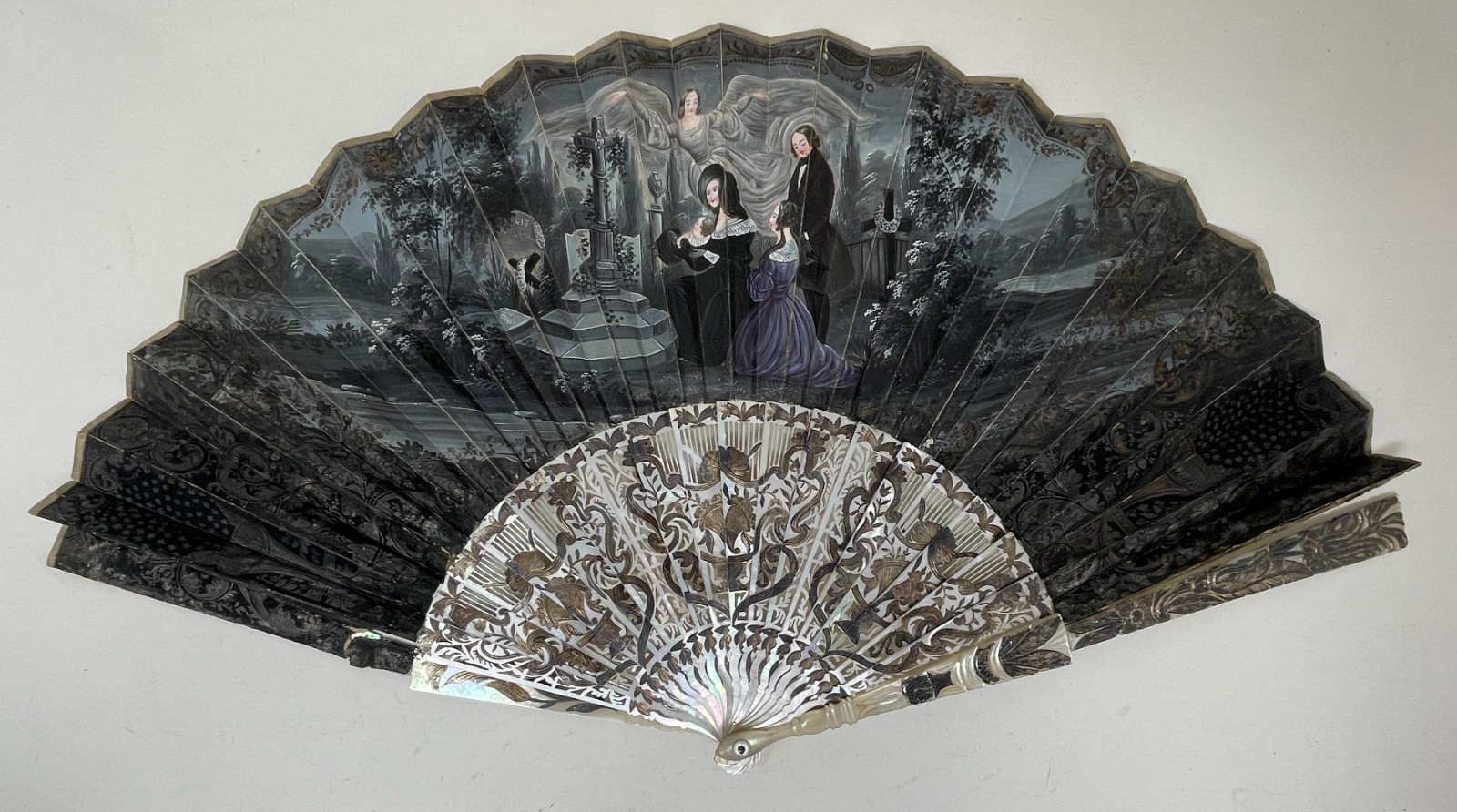 Antique 19th Century Mourning Folding Hand Fan Painted Grisaille Mother-of-Pearl