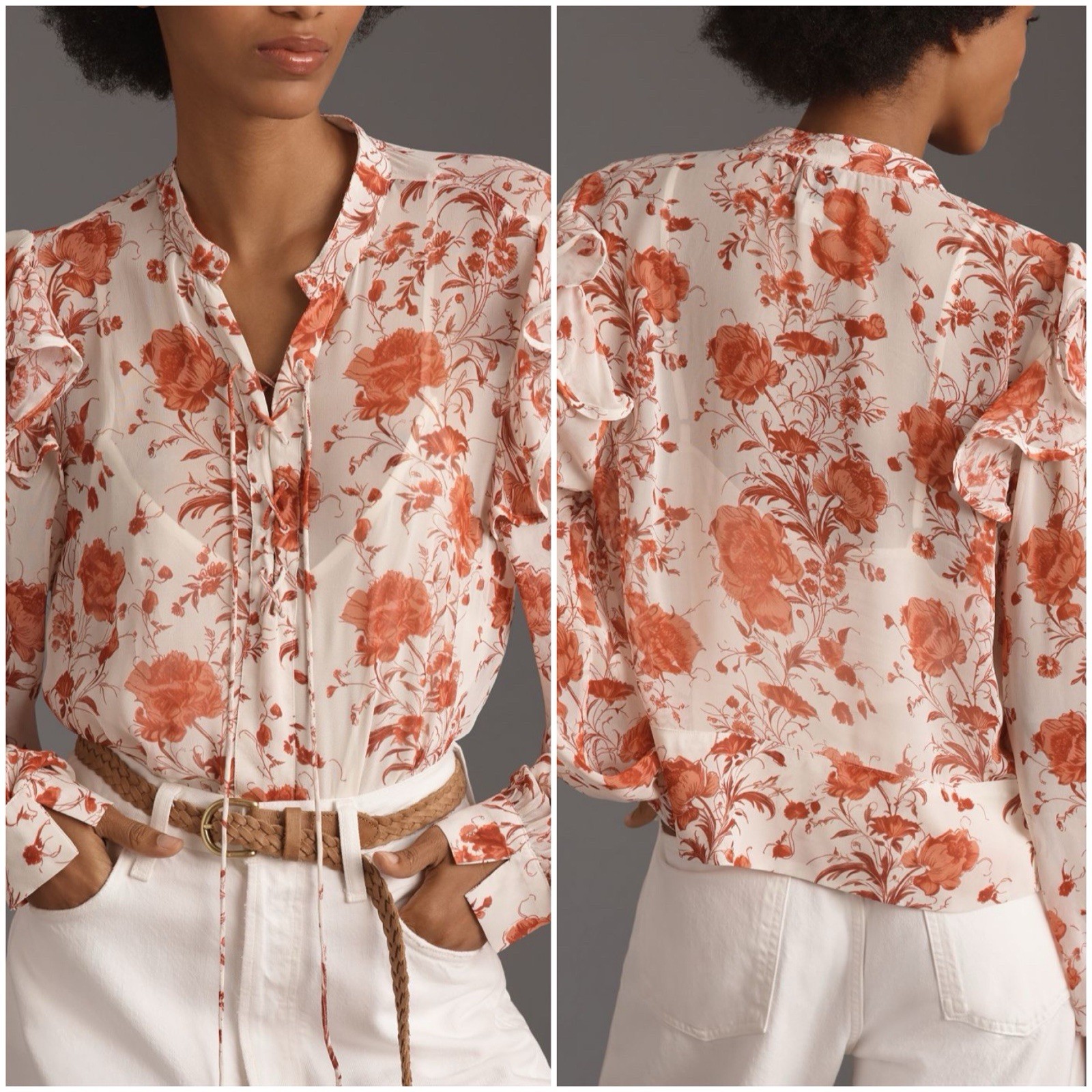 Anthropologie Maeve Red Floral Lace-Up Ruffled Sheer Blouse Top Small