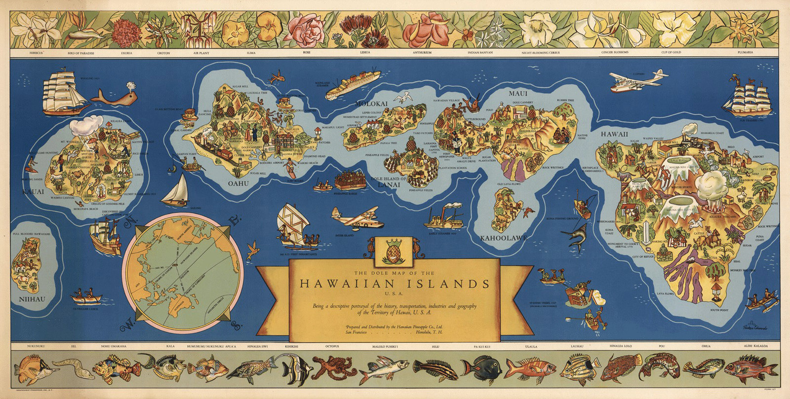 Vintage Pictorial Dole Map of the Hawaiian Islands U.S.A. Hawaii Wall Art Poster
