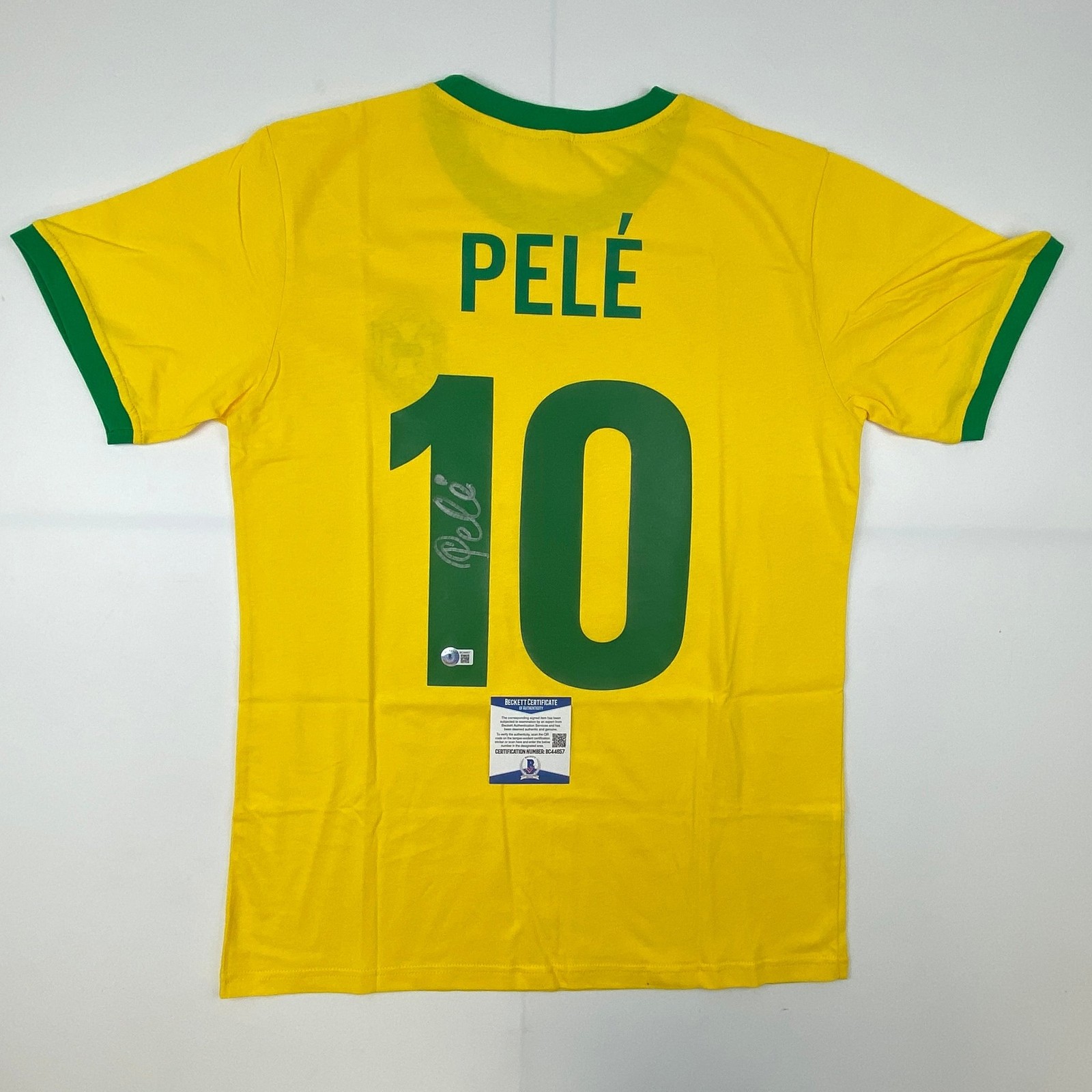 Autographed/Signed Pele Brazil Yellow Futbol Jersey Beckett BAS COA Auto #2