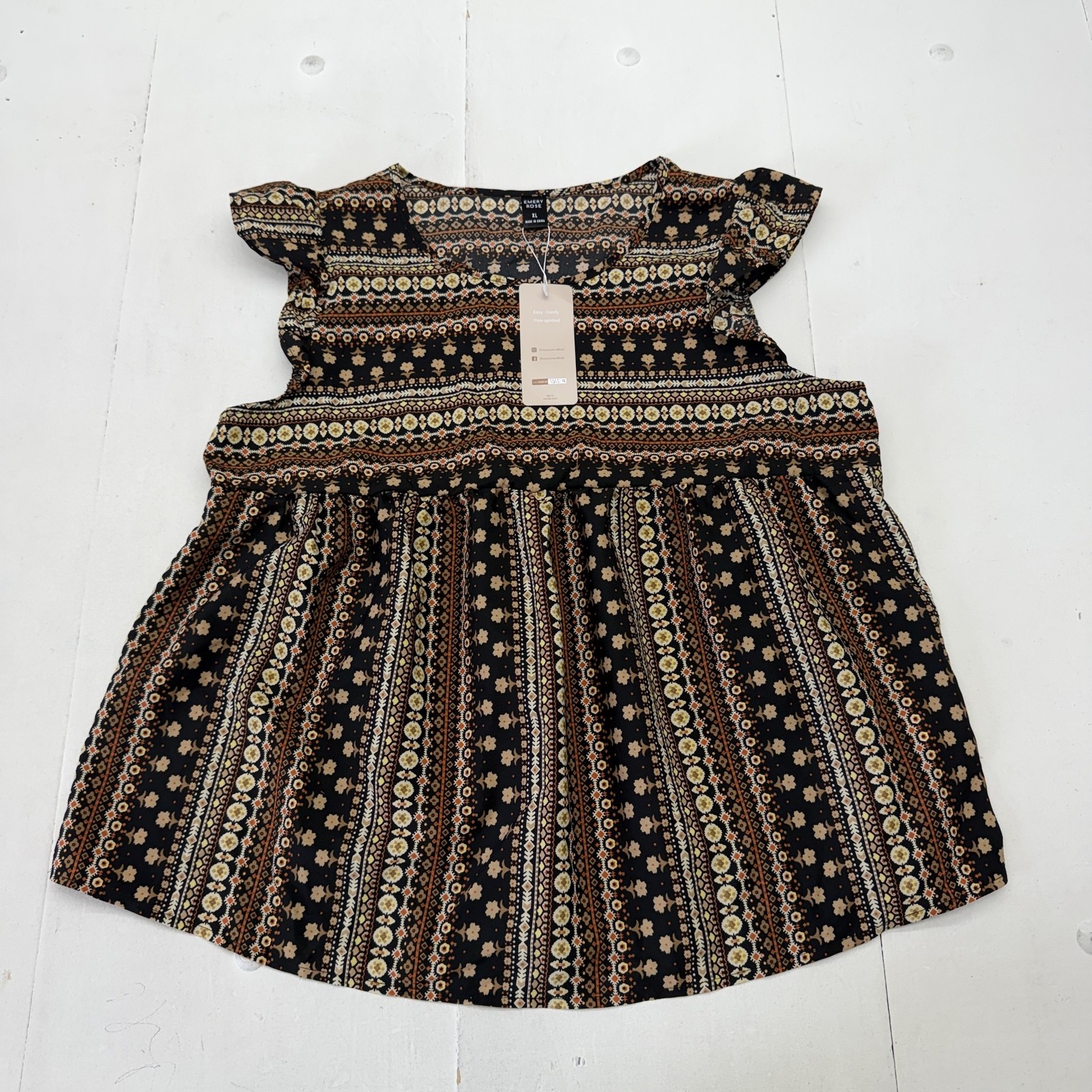 EMERY ROSE Blouse Womens XL Black Round Neck Short Flutter Sleeve Boho Tunic