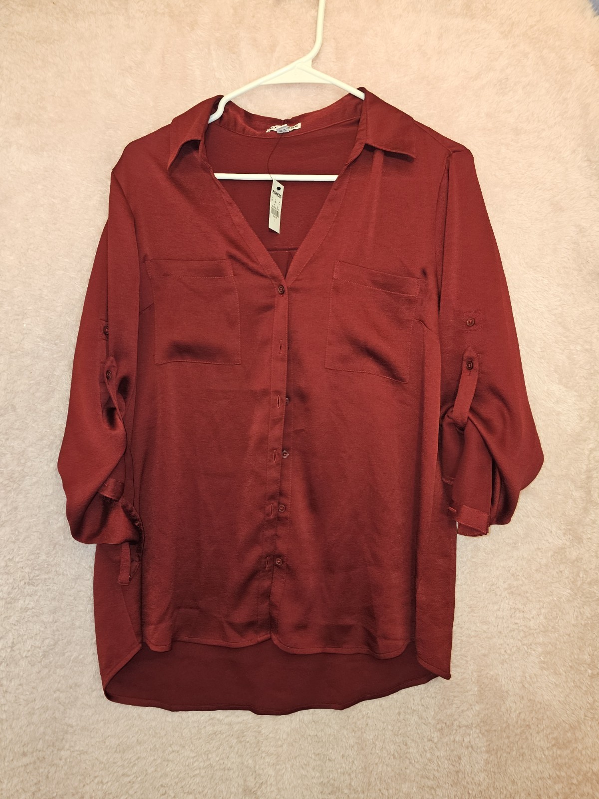 Express Women\'s Burgundy Button Up Blouse Roll Tab Sleeve Collared NWT L