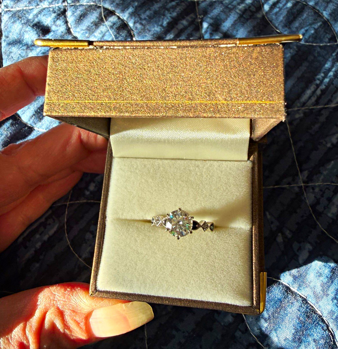 14K White Gold Round White Moissanite Ring Size 6 w/ Sapphire Accents