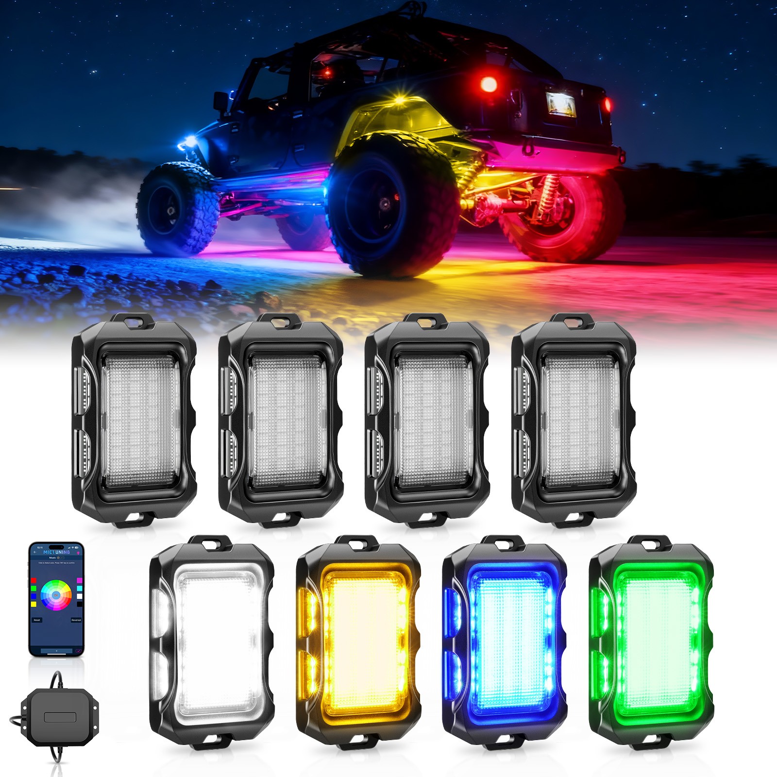MICTUNING Q2 MAX RGB+IC Rock Lights - 8 Pods Multi-Color LED Underglow Neon Kit