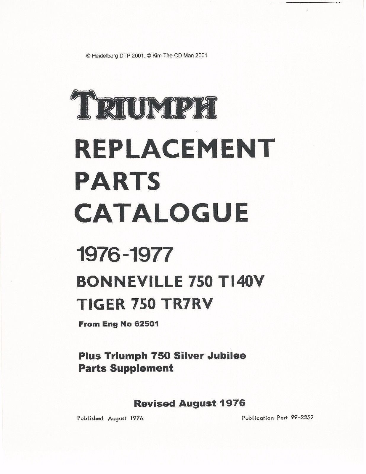 Triumph Parts Manual Book 1976 & 1977 Bonneville 750 T140V & Tiger 750 TR7RV