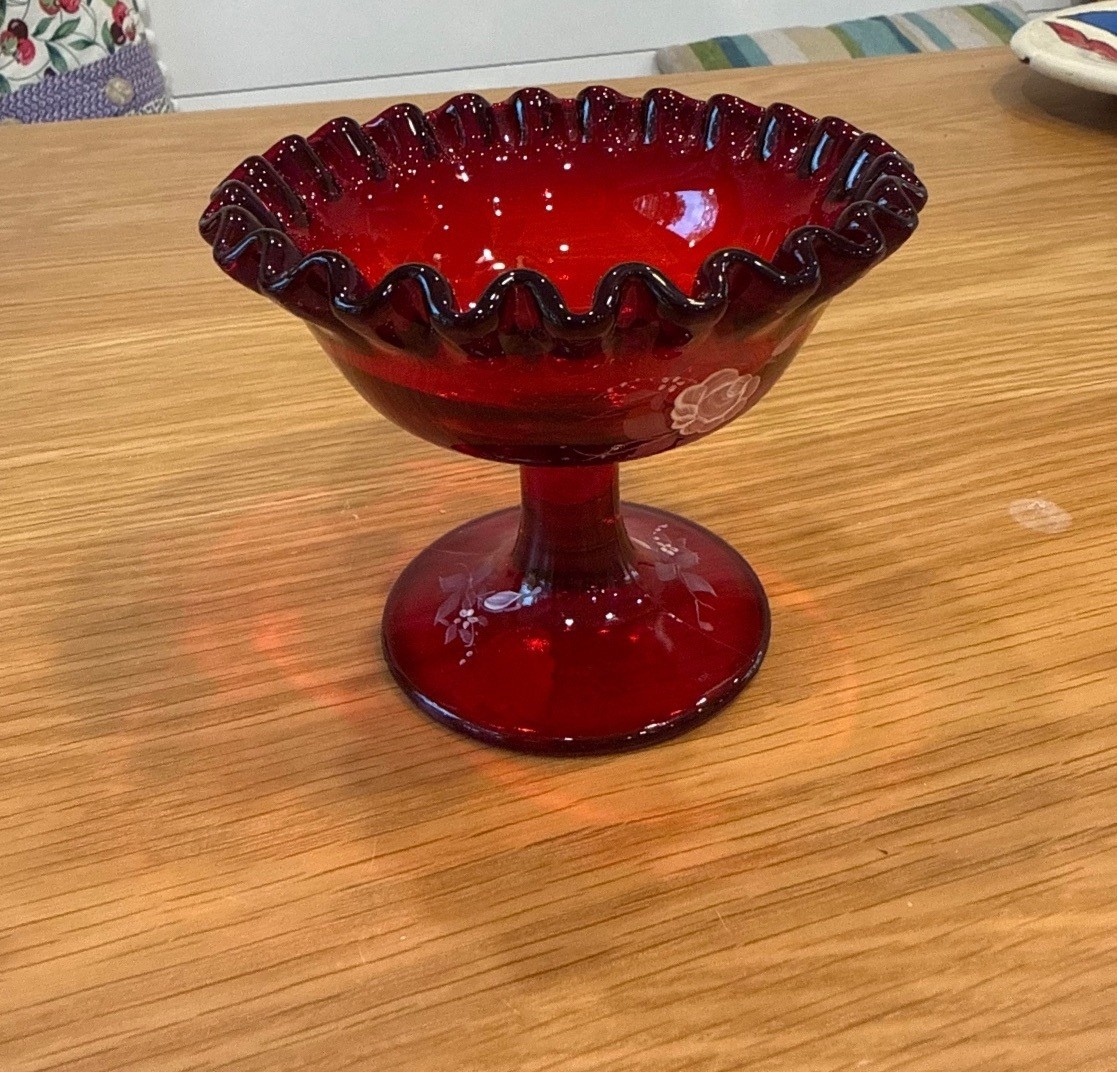 Fenton Vintage Red Glass Compote Dish with Ruffled Edge and Floral Etching Fenton Vintage Red Glass Compote Dish with Ruffled Edge and Floral Etching