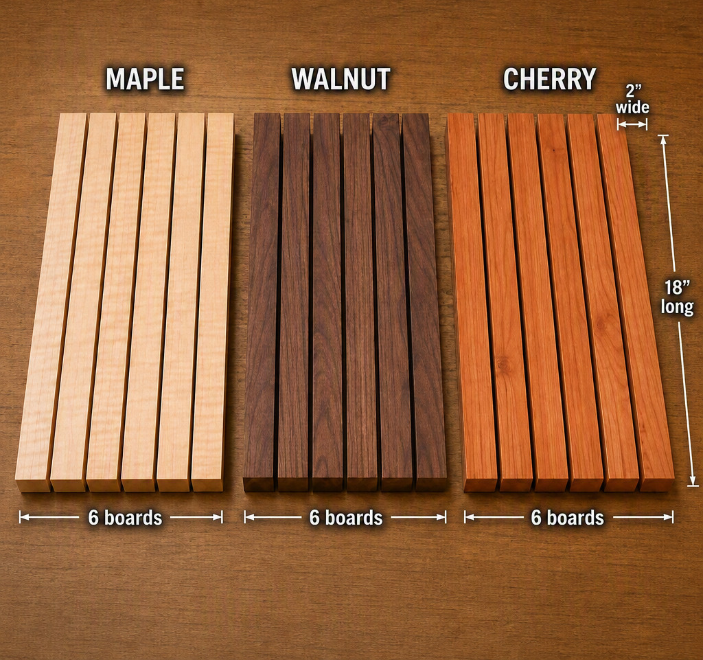 18 Mixed Hardwood Boards Walnut • Cherry • Maple – 3/4 x 2 x 18 – S2S Kiln Dried
