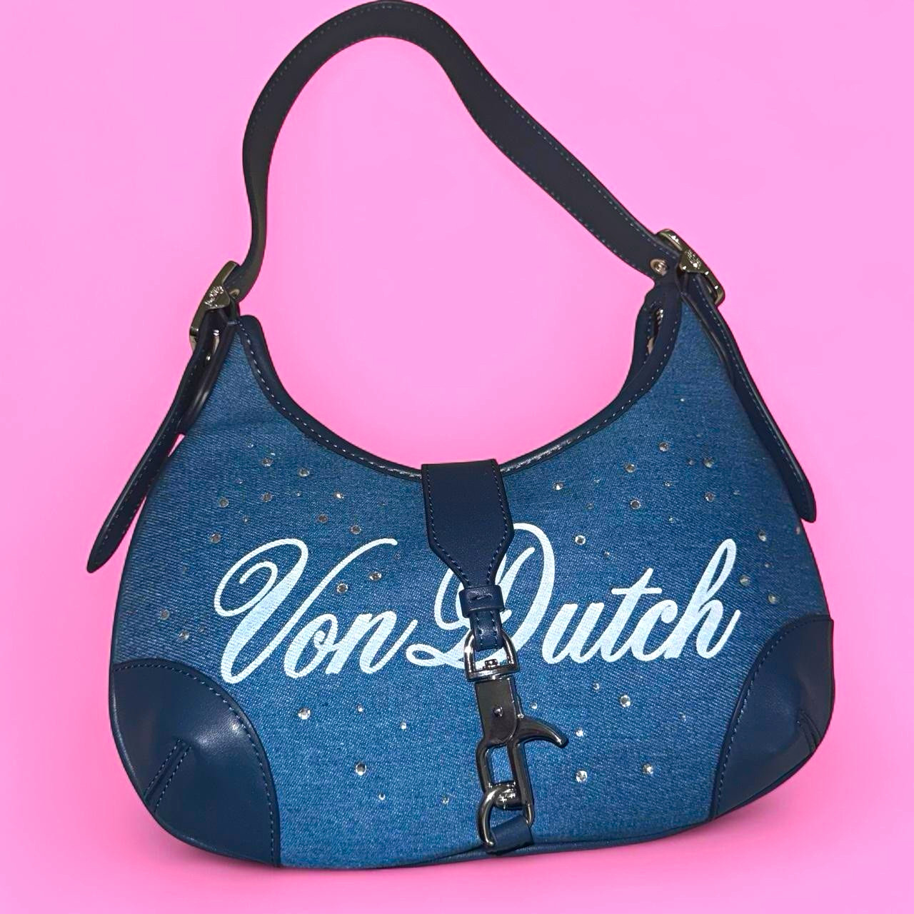 Von Dutch Blue Denim Shoulder Bag, Zip/Buckle, Studded Logo, Silver HW, Pockets