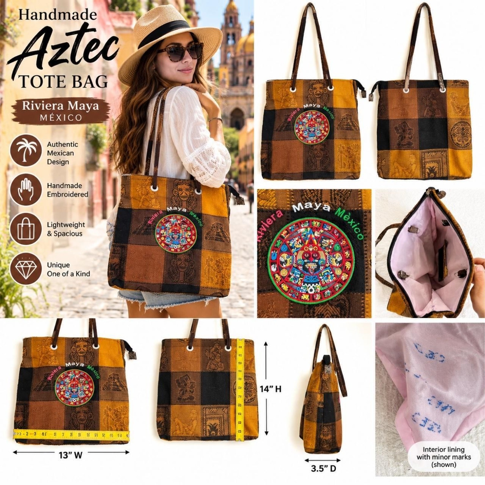 Mexican vintage Aztec calendar Embroidered Tote Bag With Zipper