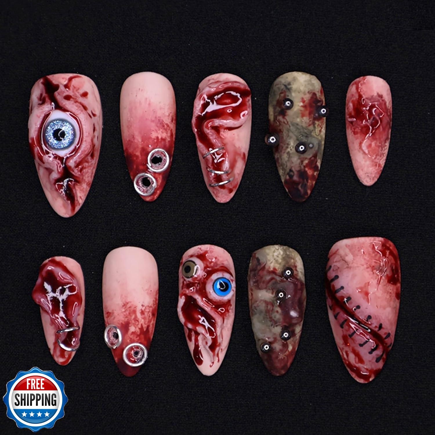 30Pcs Halloween Press on Nails Medium Almond Fake Nails Evil Eye False Nails 