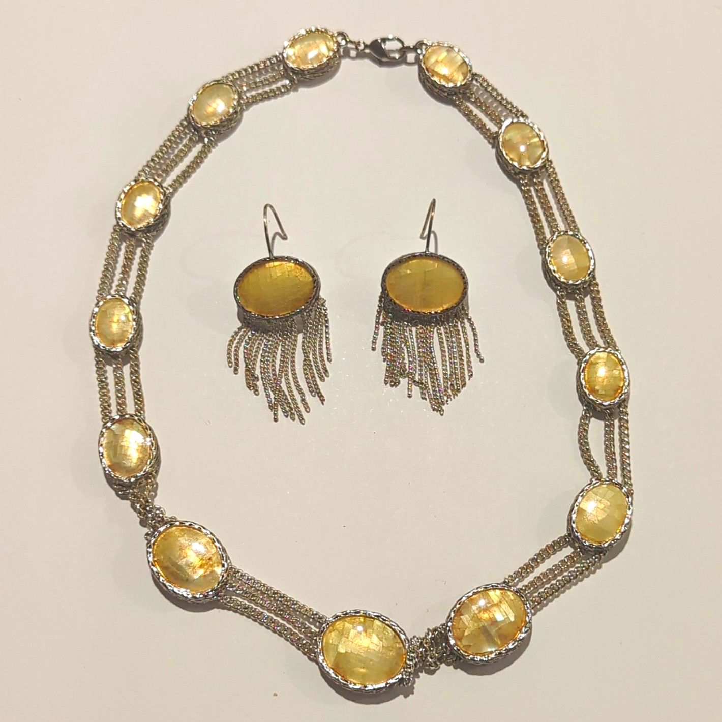 Vintage Monet Jewelry Set Multi Strand Chain Necklace Earrings Yellow Cabochon Vintage Monet Jewelry Set Multi Strand Chain Necklace Earrings Yellow Cabochon