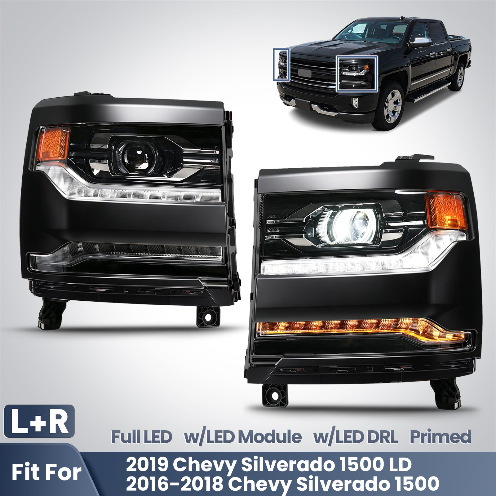 For 2016-2018 Chevy Silverado 1500 LED Headlight W/Module Primed Left+Right Pair For 2016-2018 Chevy Silverado 1500 LED Headlight W/Module Primed Left+Right Pair