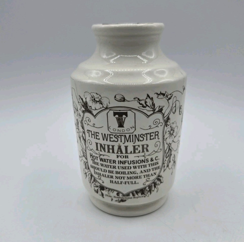 Vintage Westminster Inhaler Ceramic Bottle London Apothecary Style Jar Cork Lid Vintage Westminster Inhaler Ceramic Bottle London Apothecary Style Jar Cork Lid