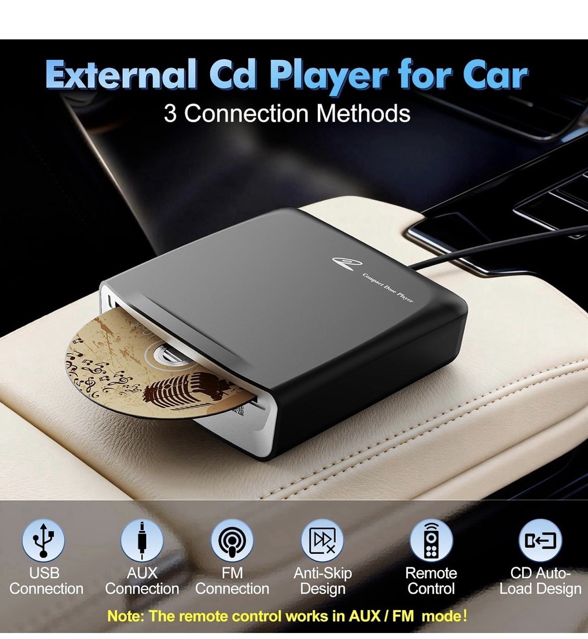 Lehwey USB CD Player for Car, External Car Cd Players with AUX & FM Transmitter