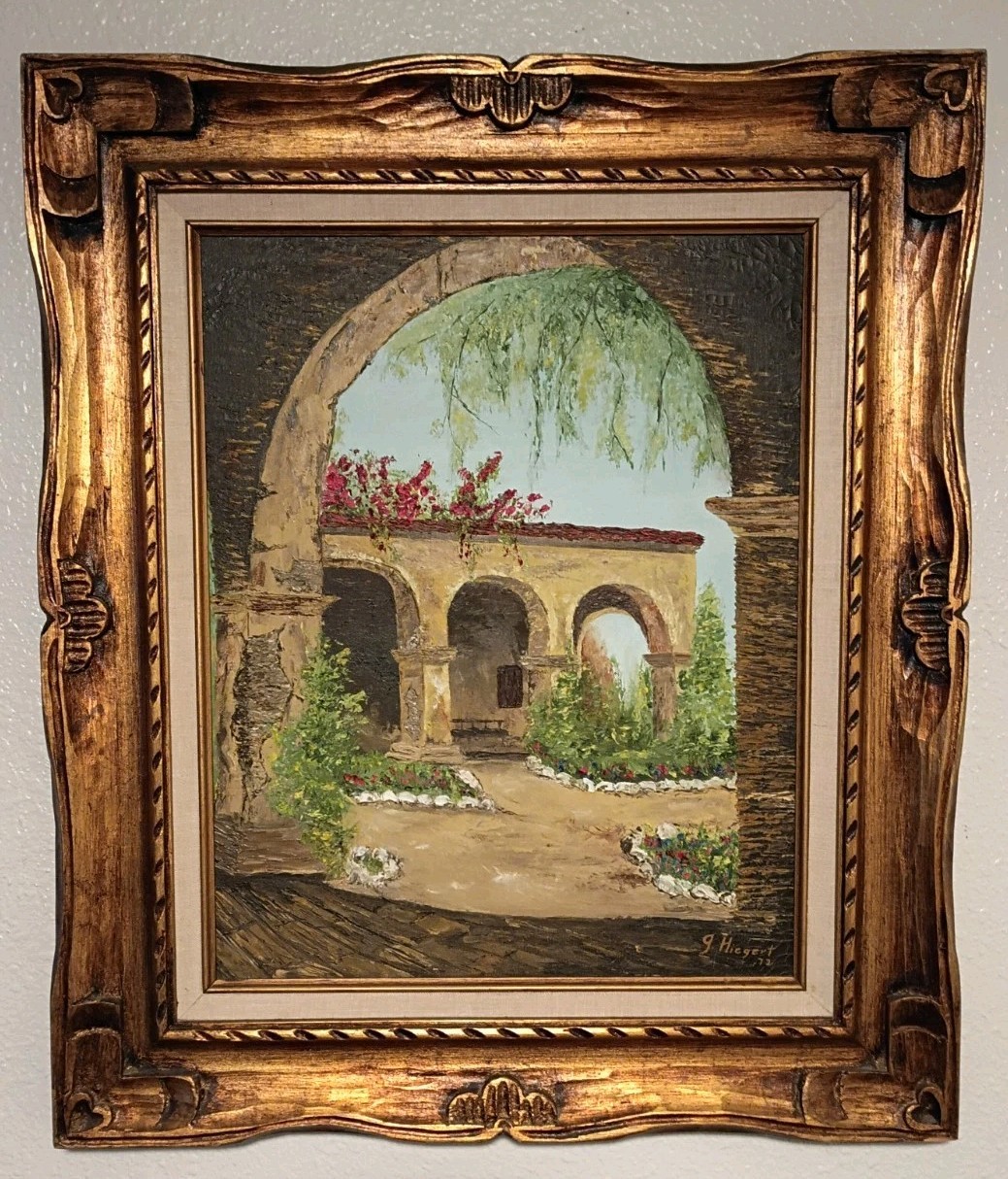 1972 Oil On Canvas Mission San Juan Capistrano In Ornate Hand Carved Frame Gold 1972 Oil On Canvas Mission San Juan Capistrano In Ornate Hand Carved Frame Gold