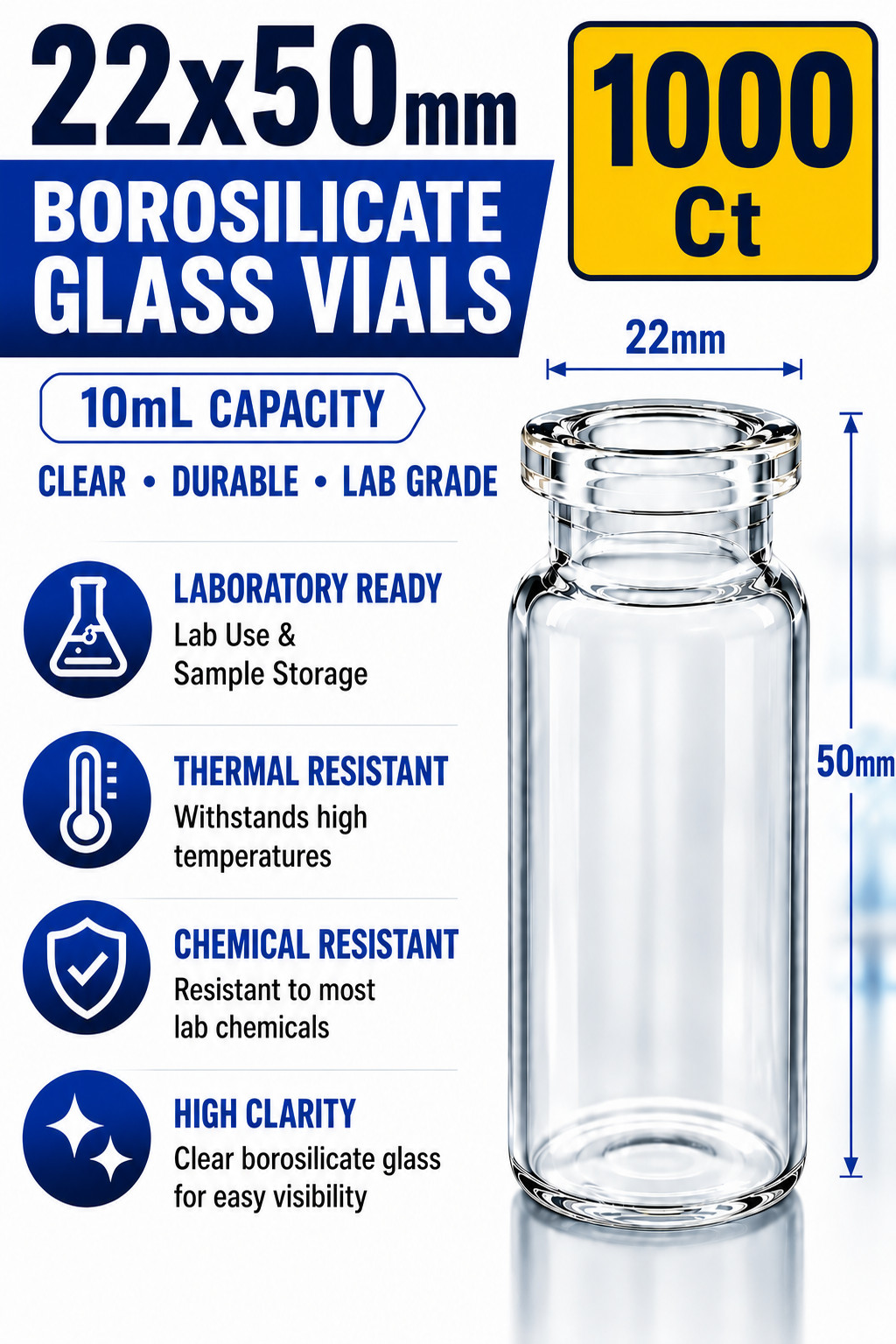 1000 CT- 10ml Tall Sample Vials Clear Glass Bottle 20mm Crimp Top Headspace J2