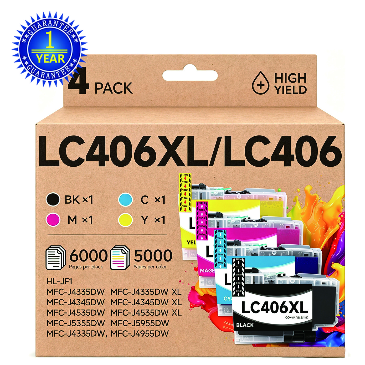 4Pk LC406XL Ink Cartridges fits for Brother 406 XL MFC-J4335DW J4345DW J5855DW