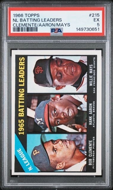 Graded 1966 Topps NL Batting Leaders Clemente Aaron Mays #215 PSA 5 Graded 1966 Topps NL Batting Leaders Clemente Aaron Mays #215 PSA 5