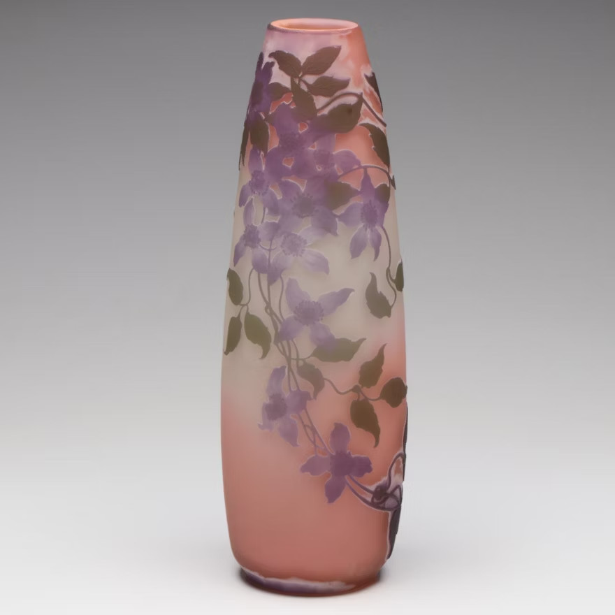 Monumental Early Émile Gallé Cameo Glass Vase w/ Purple Clematis Blossoms 14.5\