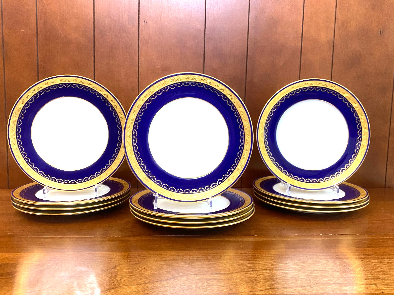 Minton for Davis Collamore Cobalt Blue Gold Encrusted 9” Plates, set of 12, 1920