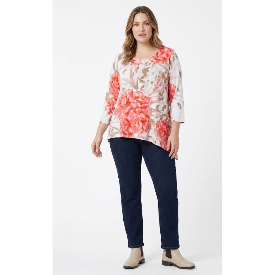 New Chico\'s Peony Garden Top size Large/2 Pink Floral Asymmetrical Stretch Knit