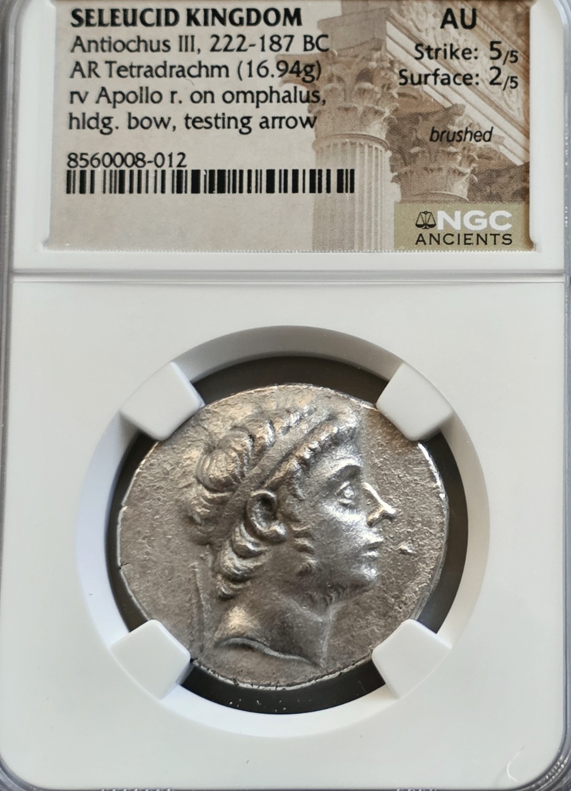 Seleucid Kingdom Antoninus III Tetradrachm Apollo & Omphalus Tetradrachm NGC AU Seleucid Kingdom Antoninus III Tetradrachm Apollo & Omphalus Tetradrachm NGC AU