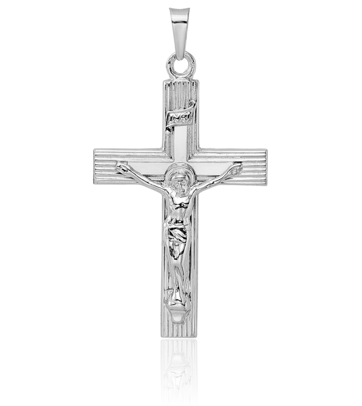 14K Solid White Gold Large Inri Jesus Crucifix Cross Pendant Necklace 34.6mm