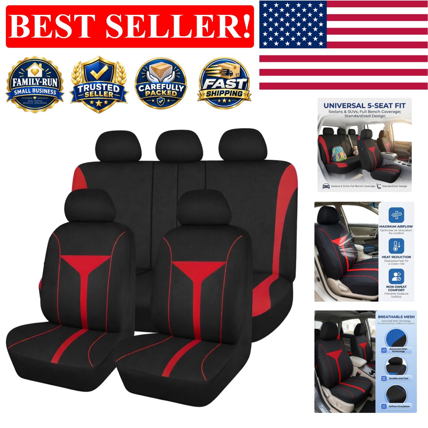 Elegant Red Full Car Seat Cover Set - Front & Rear Protection, Universal Fit