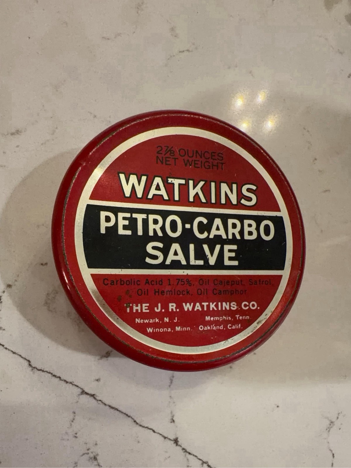Vintage Watkins Tin Petro Carbo Salve Collectible Advertising Piece Vintage Watkins Tin Petro Carbo Salve Collectible Advertising Piece