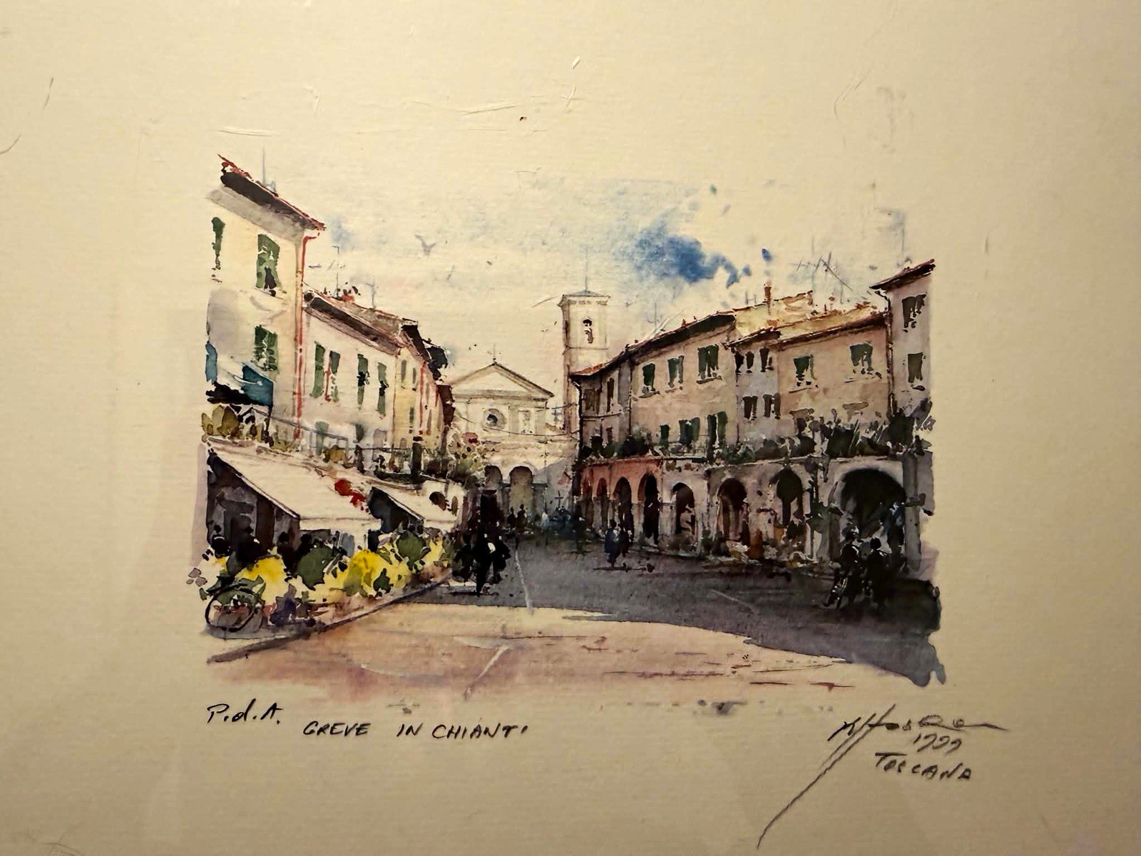 Vintage Signed Italian Art Print Greve in Chianti Tuscany 1999 Framed 16x12”