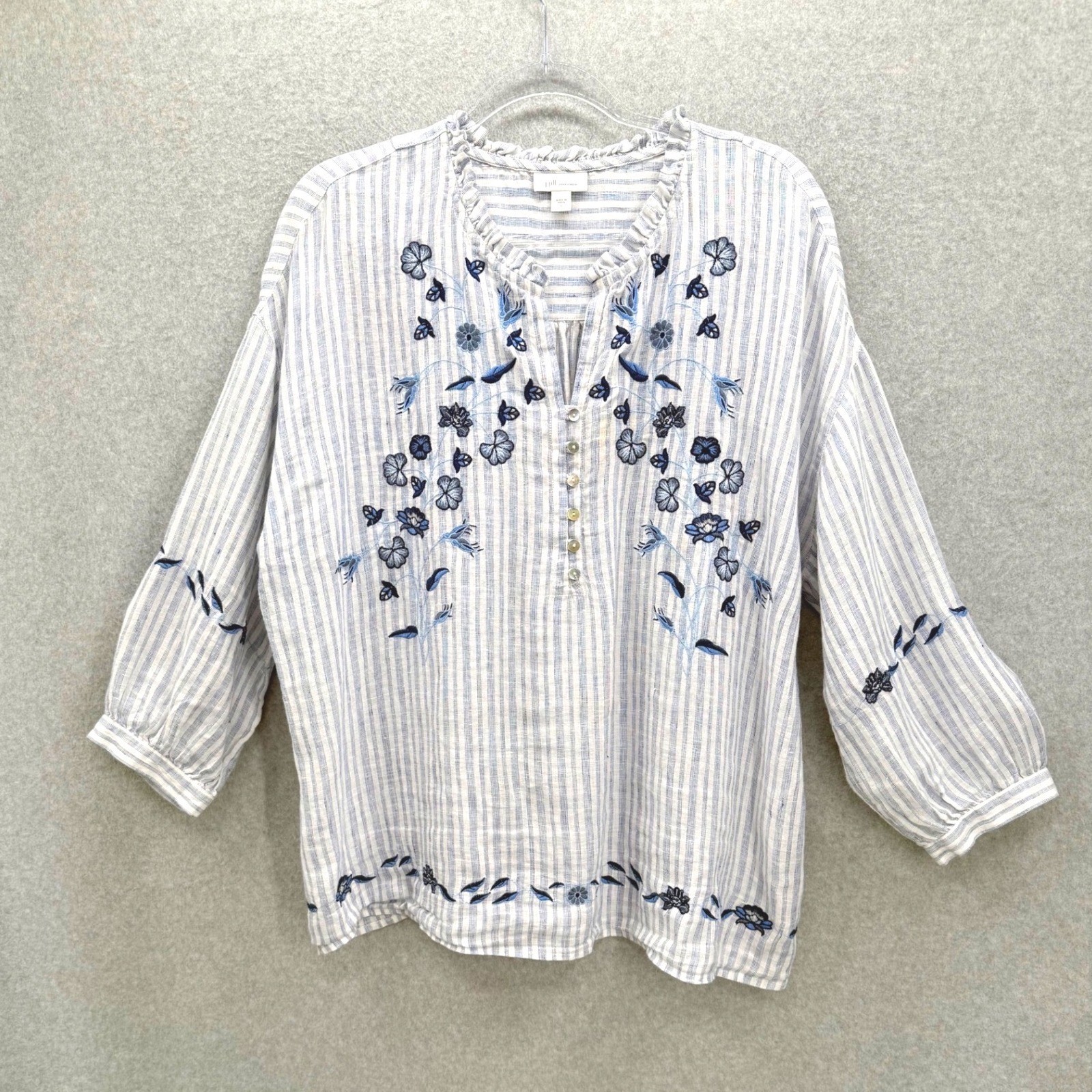 J.Jill Love Linen Top Women Large Blue Striped Floral Embroidered Peasant Blouse