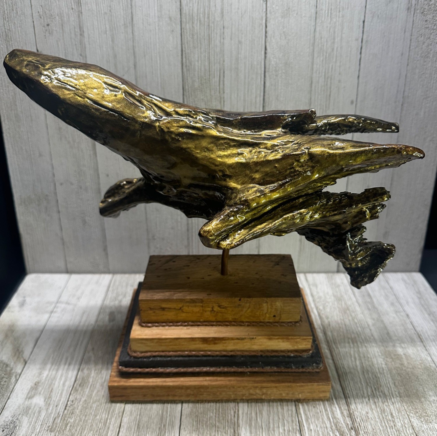 Vtg Driftwood The Golden Stump Coated Sculpture w/ Wood Base Home Decor 11\