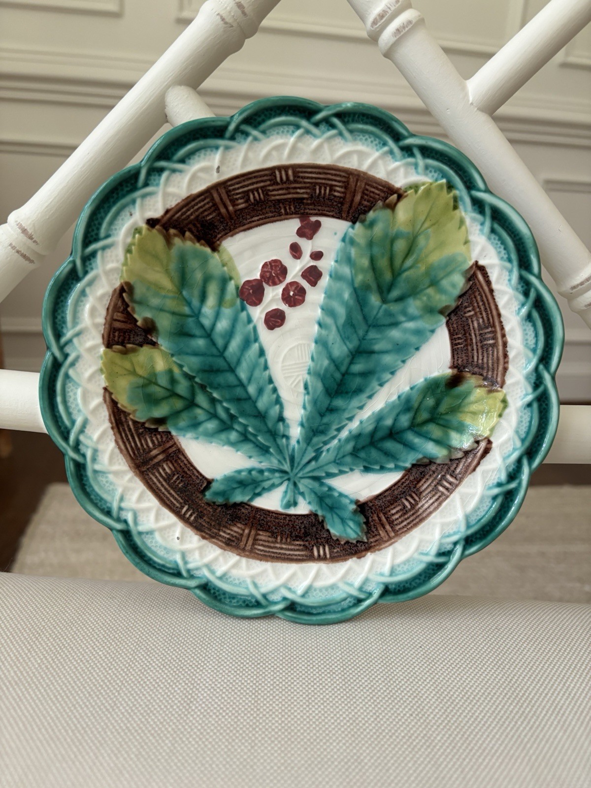 Antique (1800s) German Majolica Chestnut Leaf Plate