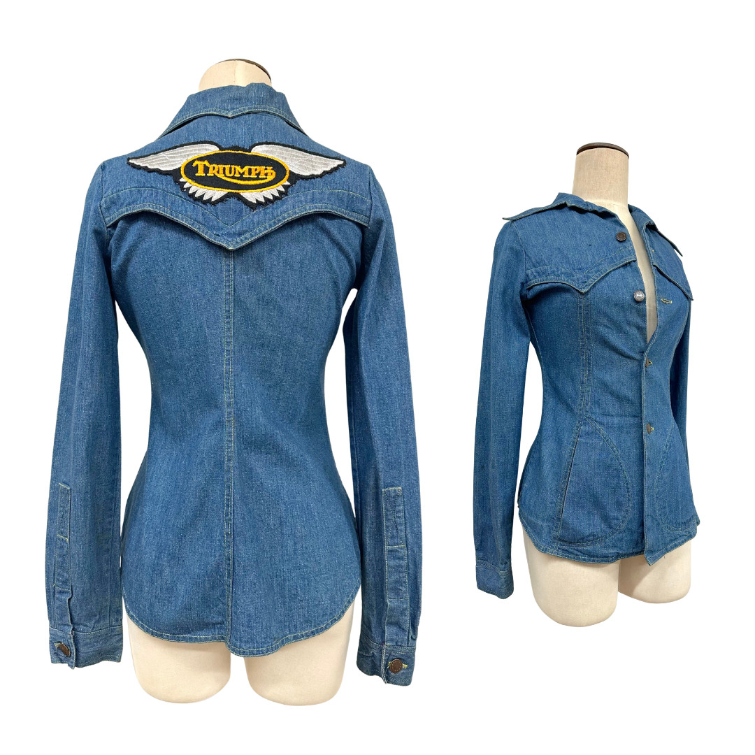 Vintage 1970s Triumph Motorcycles Patch Bon Jour Denim Fitted Jacket Top